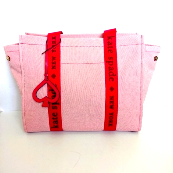 KATE SPADE Pink Kip Large CANVAS TOTE with Spade Charm and Signature Strap - Picture 4 of 17